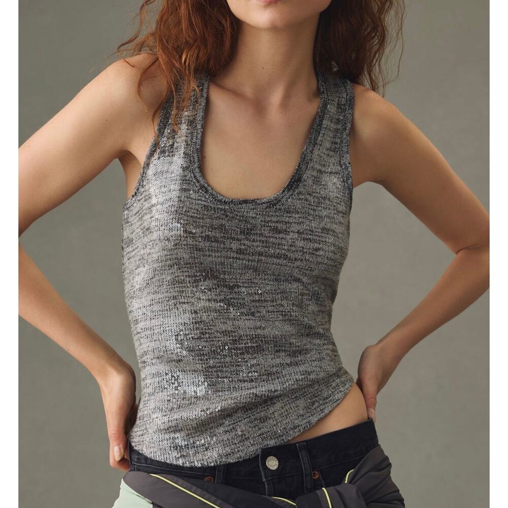 NWT Pilcro x Anthropologie Sequin Scoop Tank Top Gray Sz Medium